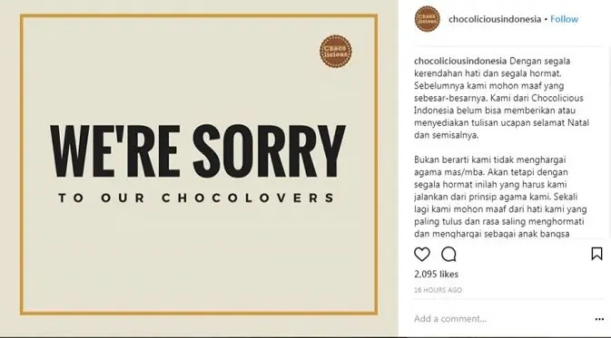 Pernyataan toko kue Chocolicious yang tak ingin membuat kue dengan ucapan Selamat Hari Natal. (Foto: Facebook)