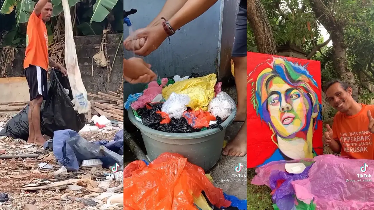 Edy Ginting seorang seniman yang mengolah sampah plastik jadi lukisan. (Sumber: TikTok @edy_art_studio)