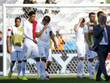 Timnas Inggris gagal meraih poin penuh saat berlaga melawan Kosta Rika di laga penutup penyisihan Piala Dunia 2014 Grup D di Stadion Mineirao, Belo Horizonte, Brasil, (24/6/2014). (REUTERS/Murad Sezer)