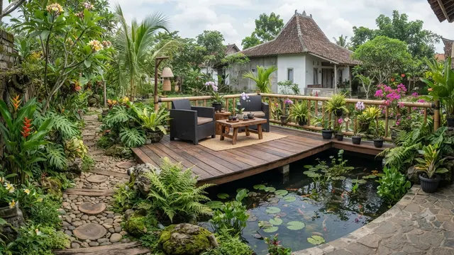 Model Dek Kayu Mini di Atas Kolam, Solusi Cantik untuk Ruang Santai Outdoor Desain Menyatu dengan Taman