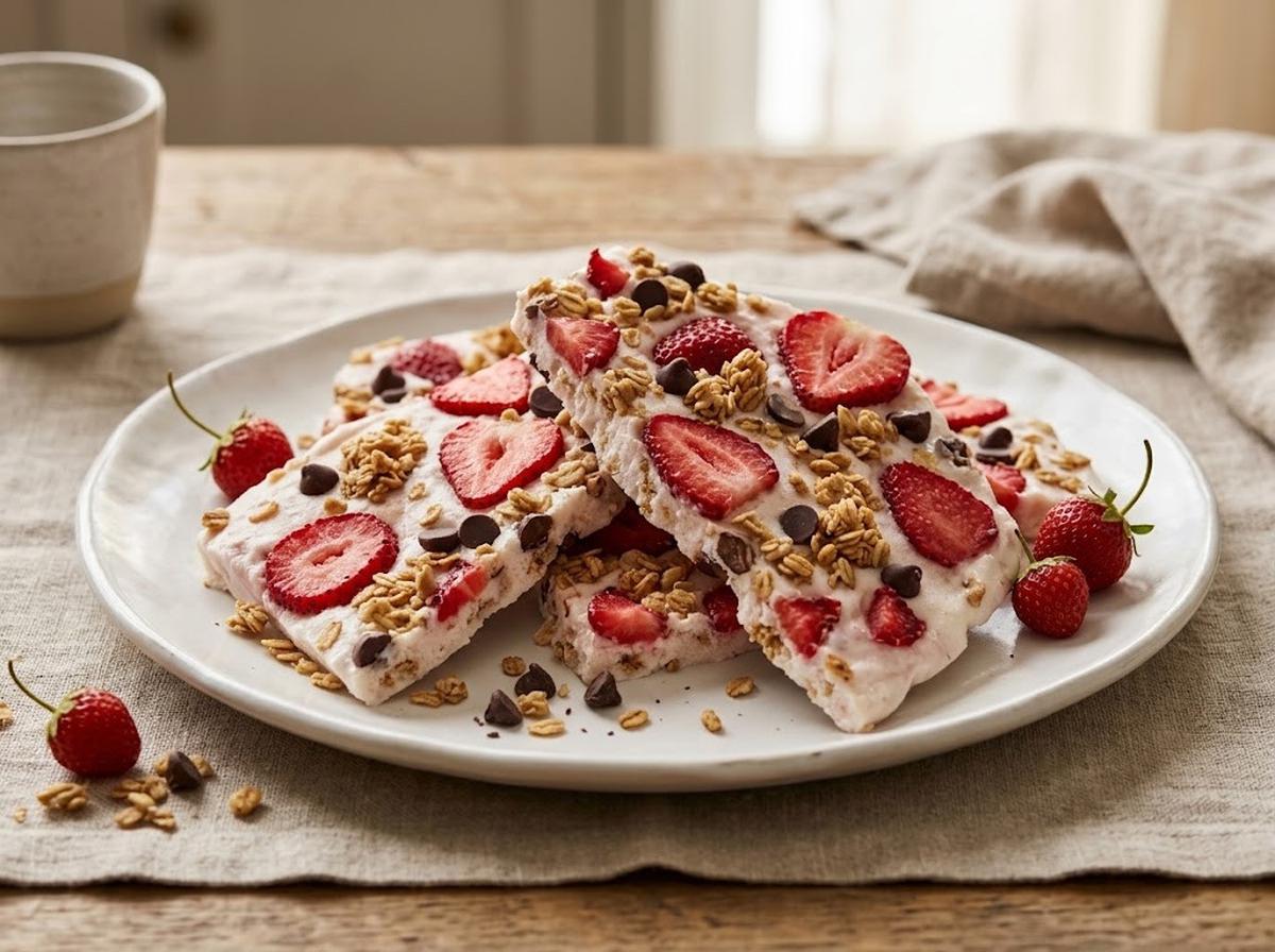 resep stroberi yogurt bark dengan topping granola