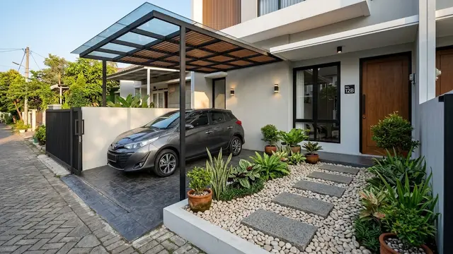 Desain Halaman Depan 3x4 Meter dengan Carport dan Taman Mini