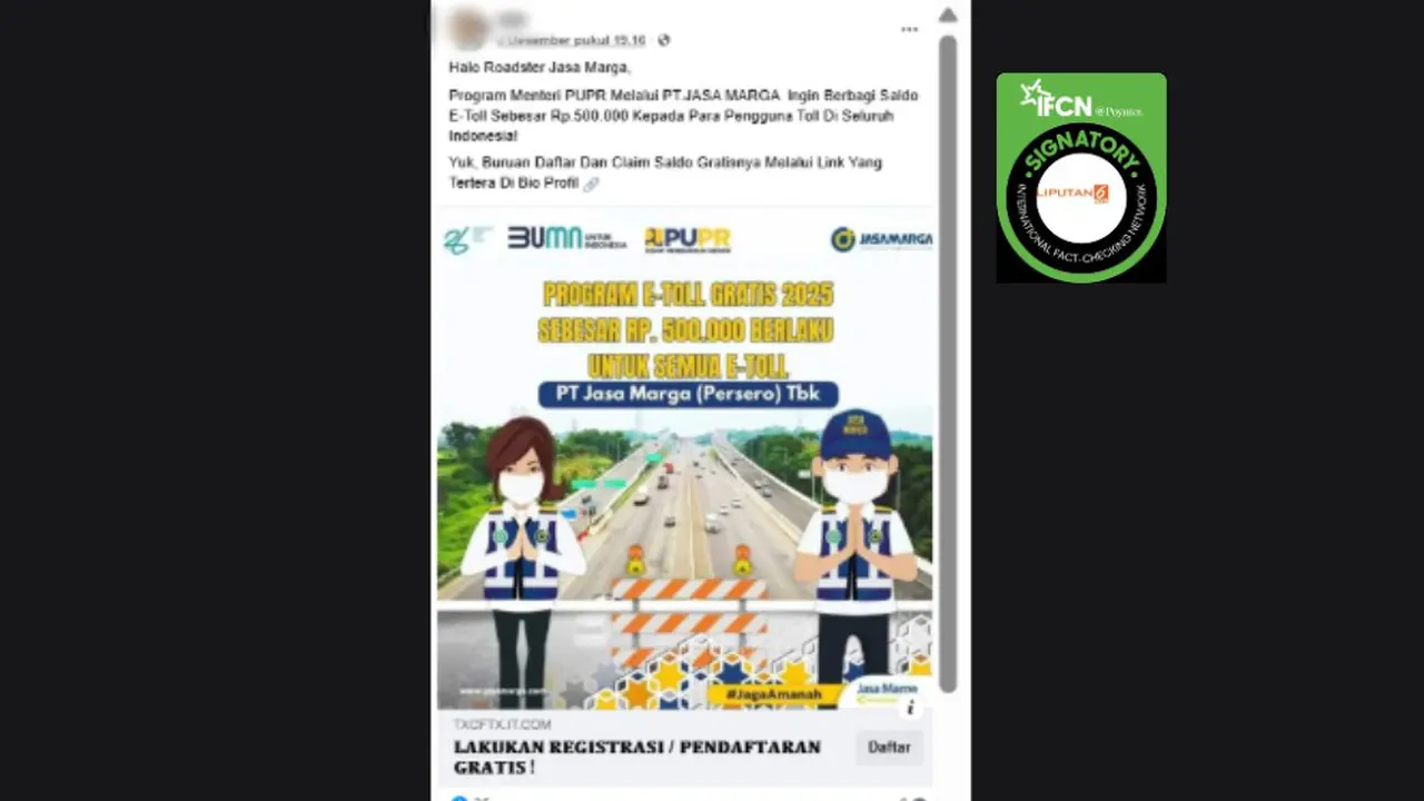 Tangkapan layar klaim link pendaftaran program saldo e-toll Rp 500.000 dari Jasa Marga yang beredar di Facebook. Cek faktanya.