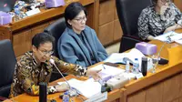 Menteri Kesehatan RI Budi Gunadi Sadikin (kiri) rapat kerja dengan Komisi IX DPR di Gedung Parlemen, Jakarta, Rabu (8/2/2023). Rapat membahas penjelasan strategi percepatan pelaksanaan transformasi kesehatan tahun 2023, strategi percepatan penanganan penyakit tidak menular dan penyakit menular dan pemenuhan tenaga dokter spesialis melalui program Academic Health System (AHS) serta peta jalan lintas sektoral terkait kemandirian obat dan alat kesehatan dalam negeri. (Liputan6.com/Faizal Fanani)