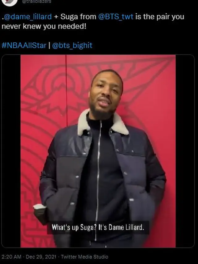 Damian Lillard berterima kasih kepada Suga BTS. (Twitter/ trailblazers)