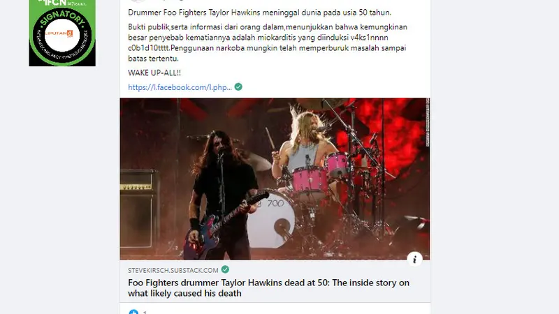 Penelusuran  klaim Drummer Foo Fighters Taylor Hawkins meninggal karena vaksin Covid-19