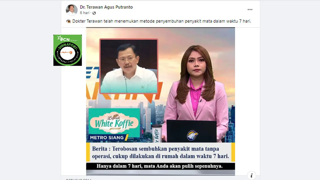 Tangkapan layar klaim akun Facebook Dokter Terawan temukan metode penyembuhan penyakit mata dalam 7 hari,