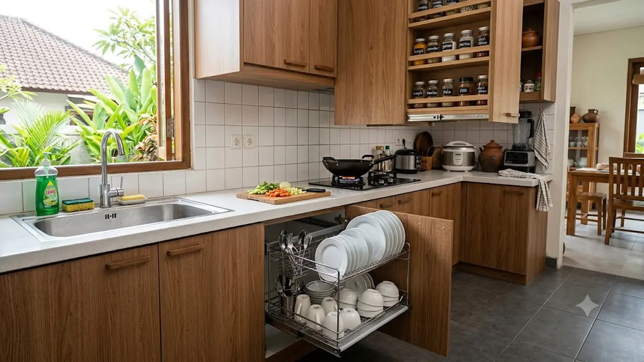 Ide Dapur dengan Rak Piring Tarik dan Tempat Bumbu Tersembunyi