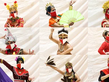 Penari mengenakan masker dan pakaian tradisional saat foto sesi untuk Liputan6.com dalam acara “Tunjukan Indonesiamu, Satukan Negeri” di Jakarta, Sabtu (15/8/2020). Acara yang digelar virtual tersebut untuk mengampanyekan budaya Indonesia dan memperingati HUT ke-75 RI. (Liputan6.com/Johan Tallo)