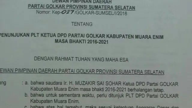 Pilih Usung Istrinya, Ketua DPD Golkar Muara Enim Dipecat