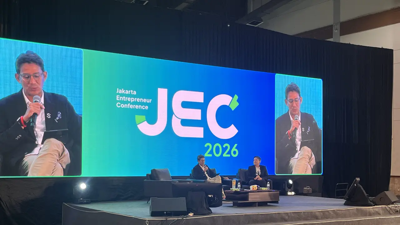 Pengusaha Sandiaga Uno dalam acara Jakarta Entrepreneur Conference (JEC) 2026 di Hall B, Jakarta International Convention Center (JICC), Sabtu (5/9/2026). (Liputan6.com/Christian)