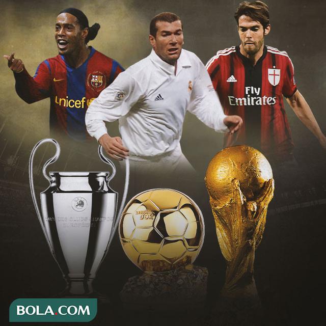 Ilustrasi - Ronaldinho, Zidane, Kaka dan Piala Liga Champions, Ballon d'Or, Piala Dunia