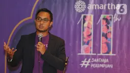 Founder & CEO Amartha, Andi Taufan Garuda Putra memberikan sambutan pada Iftar Dinner Amartha 11 Tahun di Jakarta, Senin (03/5/2021). Amartha merupakan pionir teknologi finansial peer to peer lending yang memberdayakan perempuan pengusaha ultra mikro di daerah pedesaan. (Liputan6.com)