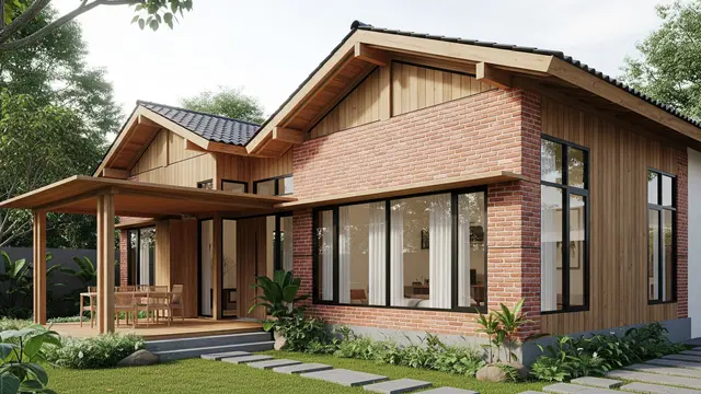 Desain Rumah Desa Nuansa Japandi Pakai Kayu dan Bata Ekspos/Gemini AI