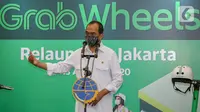 Menteri Perhubungan Budi Karya Sumadi memberikan sambutan pada acara peresmian kembali operasi GrabWheels di Kemenhub, Jakarta, Kamis (13/8/2020). Kehadiran GrabWheels yang sejalan dengan Permenhub No. 45/2020 diharapkan bisa mengurangi kepadatan lalu lintas. (Liputan6.com/Fery Pradolo)
