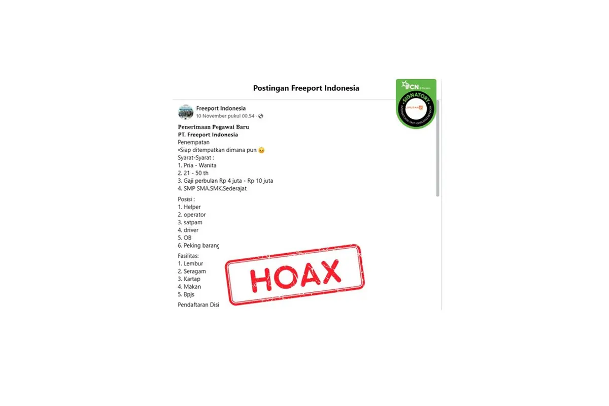 Cek Fakta tautan pendaftaran lowongan kerja Freeport Indonesia
