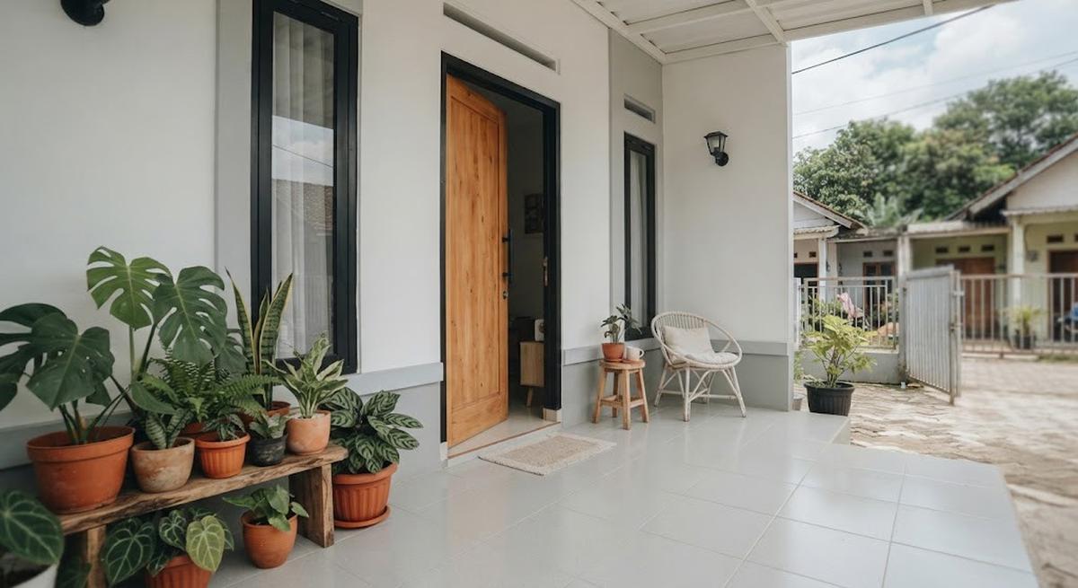 Warna keramik lantai yang cocok untuk teras rumah kecil model abu-abu muda