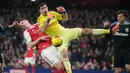 Hasil akhir laga Arsenal vs Aston Villa ini membuat The Gunners menutup tahun 2025 di puncak klasemen Liga Inggris dengan 45 poin. (AP photo/Alastair Grant)