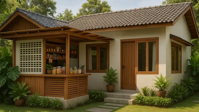 Desain Rumah L-Shape dengan Warung di Teras