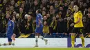 <p>Penyerang Chelsea, Raheem Sterling (tengah) berselebrasi setelah mencetak gol ke gawang Borussia Dortmund selama pertandingan babak 16 besar Liga Champions di Stamford Bridge, London, Rabu (8/3/2023). Chelsea menang atas Dortmund dengan skor 2-0 dan melaju ke perempatfinal dengan agregat 2-1. (AP Photo/Alastair Grant)</p>