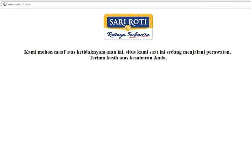 Website resmi merek roti, Sari Roti, milik PT Nippon Inodsari Coporindo, belum juga kembali normal usai diretas oleh harcker