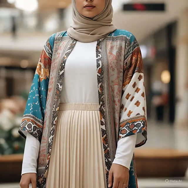 Ilustrasi Muslimah memakai White Shirt, Pattern Outer, dan Pleated Skirt (Created by Meta AI)