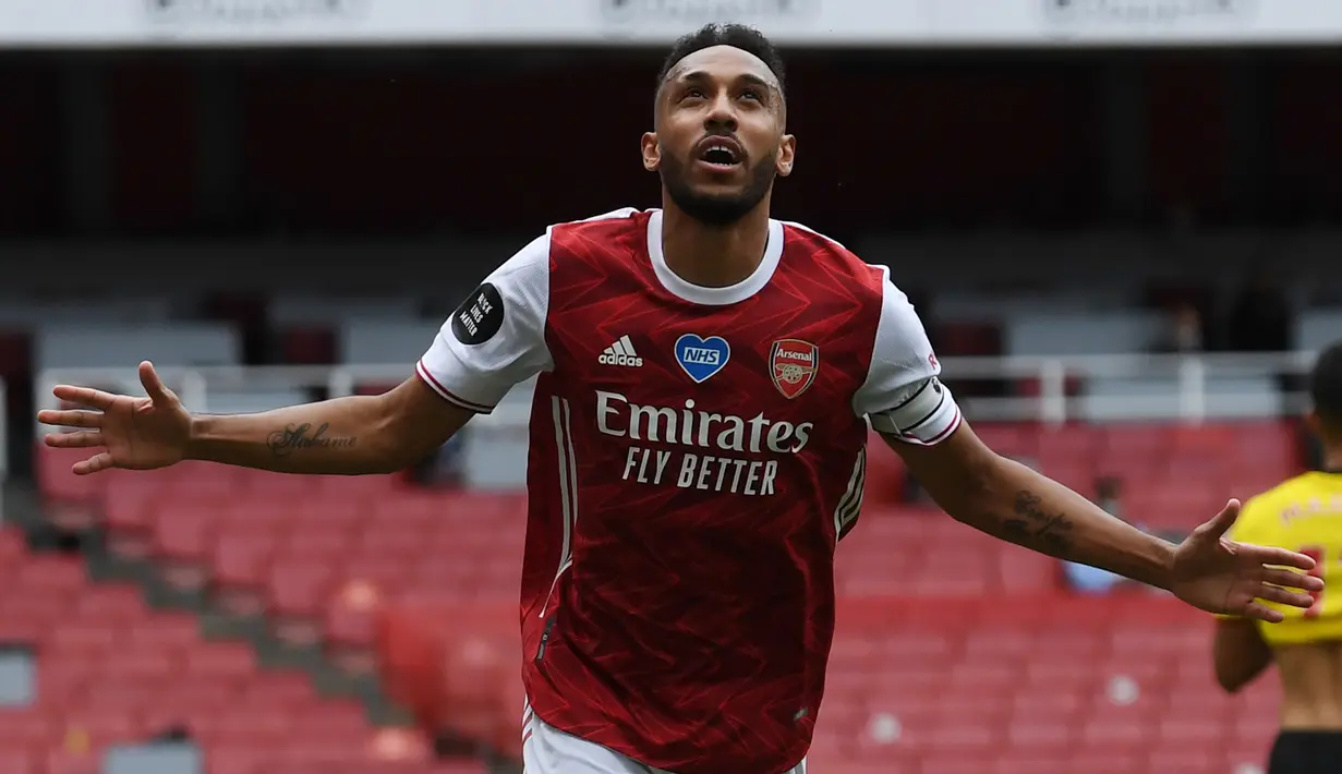 5. Pierre-Emerick Aubameyang (20 gol) - Pemain asal Gabon ini mencetak ke-20 golnya di ajang Liga Europa untuk 3 klub, LOSC Lille, Borussia Dortmund dan Arsenal. Aubameyang masih memperkuat Arsenal musim ini. (AFP/Neil Hall/Pool)