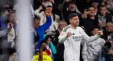 Gelandang Real Madrid asal Uruguay, Federico Valverde melakukan selebrasi setelah mencetak gol pertama di laga pekan ke-32 Liga Spanyol 2024/2025 melawan Athletic Club Bilbao di Stadion Santiago Bernabeu, Madrid, pada 20 April 2025 atau Senin (21/4/2025) dini hari WIB. (OSCAR DEL POZO/AFP)