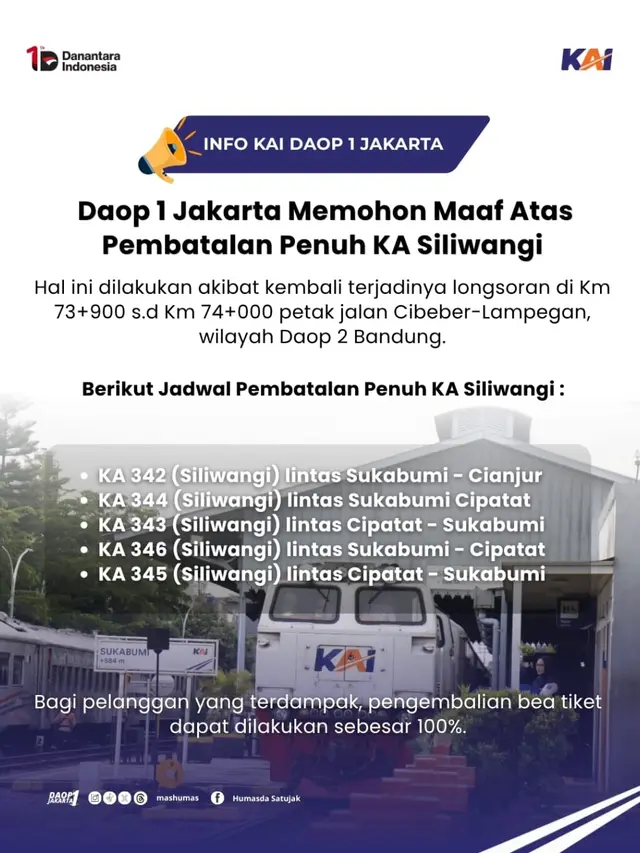 Pengumuman KAI mengenai pembatalan perjalanan KA Siliwangi. (Istimewa)