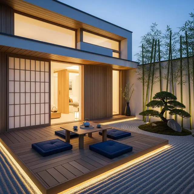 Contoh Rumah Kecil Type 45 dengan Taman Samping dan Teras Lesehan (Image by Gemini AI)