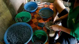 Pekerja memasukkan bubuk mesiu ke dalam sebuah tabung kecil saat membuat kembang api di sebuah gubuk, provinsi Bulacan, utara Manila, Rabu (27/12). Warga Filipina menyiapkan kembang api untuk menyambut tahun baru 2018. (AP/Bullit Marquez)