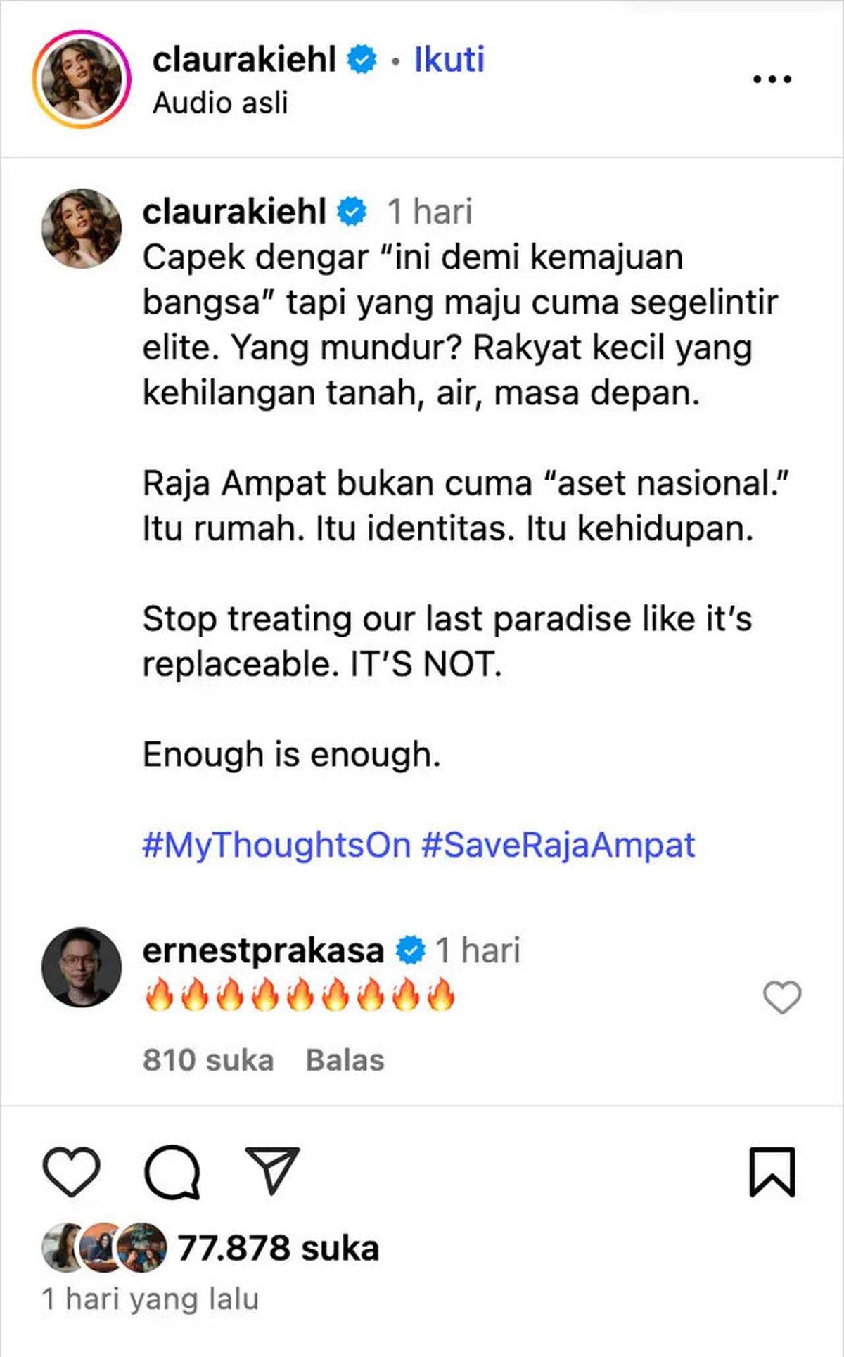 Cinta Laura Kritik Tambang Nikel di Raja Ampat, Ungkit Merobek Hutan dan Cekik Terumbu Karang