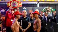 Hebi Marapu dalam timbang badan jelang duel melawan Phissanu Chimsunthom di di Bangkok, Thailand, Sabtu (4/3/2023) (istimewa)