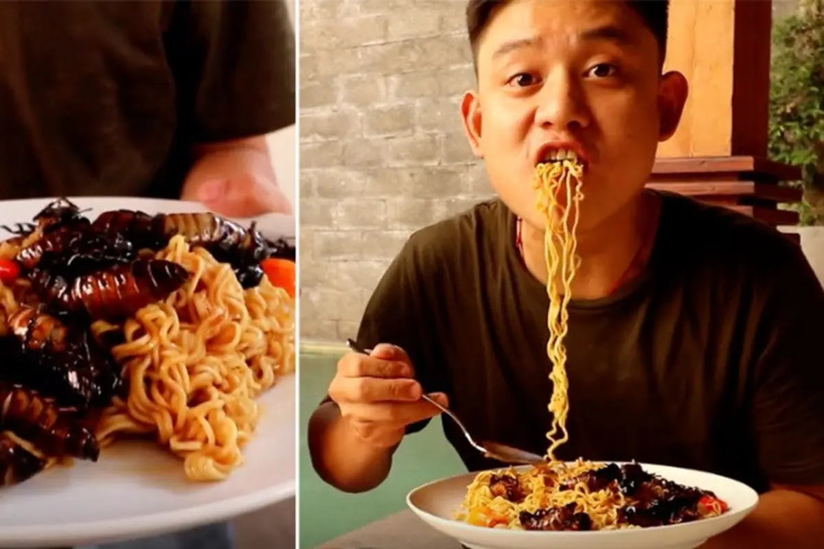 youtuber makan mie pakai kecoak