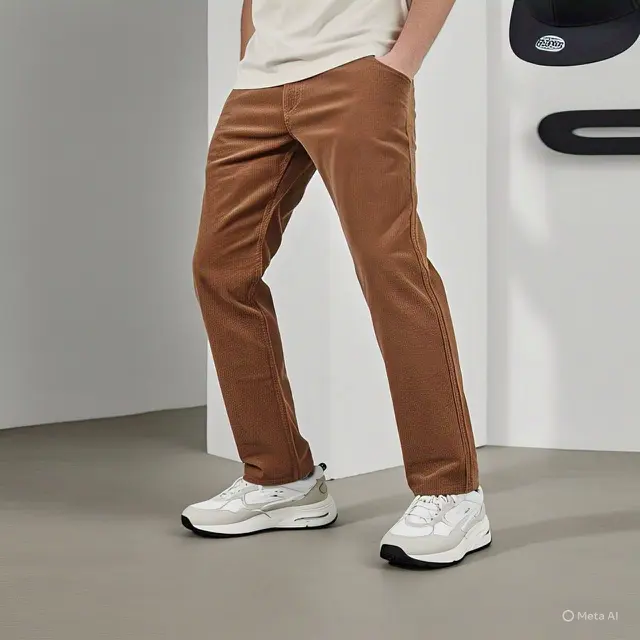 Celana Corduroy Coklat dengan Kaos Polos