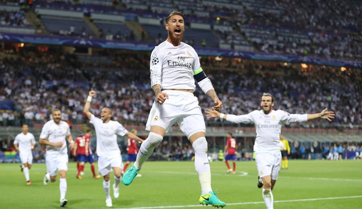 Ekspresi pemain Real Madrid, Sergio Ramos, setelah mencetak gol ke gawang Atletico Madrid dalam final Liga Champions di Stadion San Siro, Milan, Minggu (29/5/2016) dini hari WIB. (Action Images via Reuters/Carl Recine)
