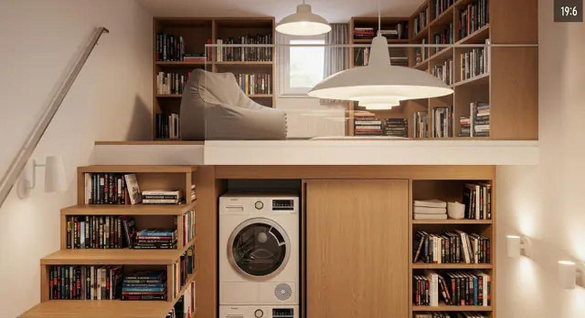 8 Inspirasi Rumah Kecil Mezzanine dengan Area Laundry Tersembunyi di Bawah Tangga