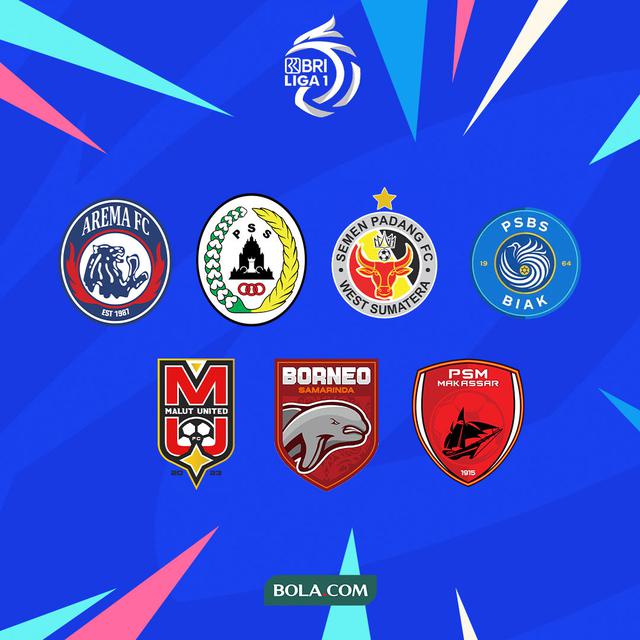 BRI Liga 1 - Ilustrasi Logo Arema FC, PSS Sleman, Semen Padang FC, PSBS Biak, Malut United, Borneo FC, PSM Makassar