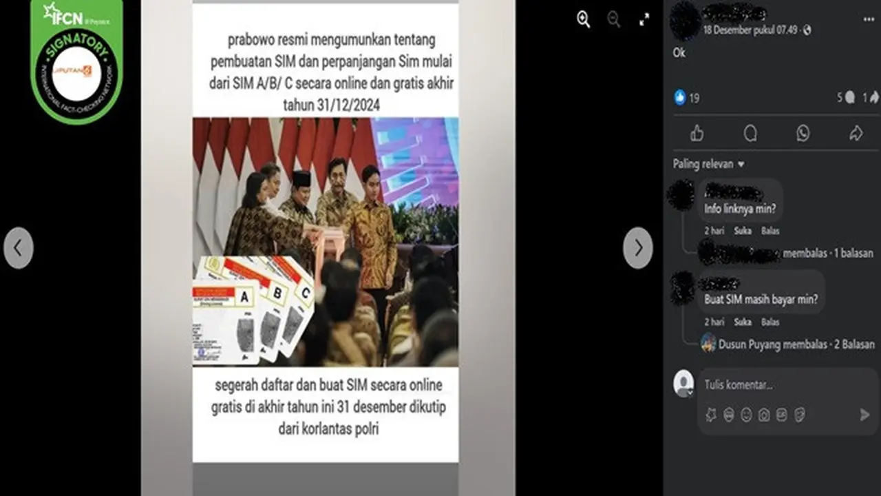 Gambar tangkapan layar kabar tentang Prabowo mengumumkan pembuatan dan perpanjangan SIM gratis pada 31 Desember 2024. (sumber: Facebook)