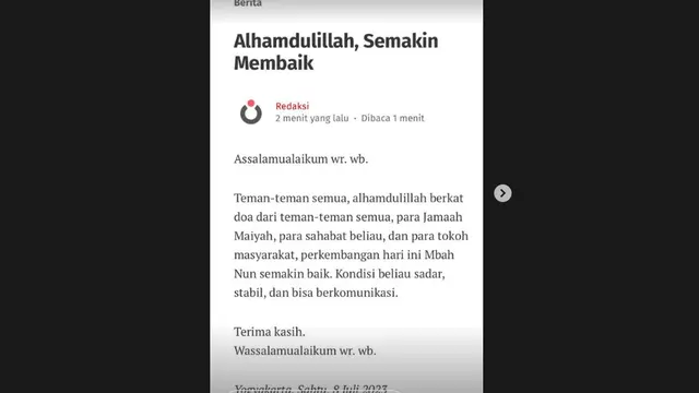 Kondisi Cak Nun Berangsur Membaik dan Stabil, Doa Terus Mengalir untuk Suami Novia Kolopaking. (instagram.com/caknundotcom)