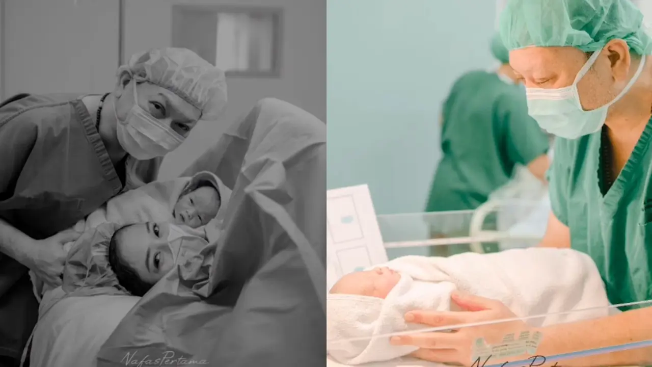 Ari Sigit bersama istri ke-4, Suci Winata saat lahiran anak mereka yang merupakan cicit Soeharto.