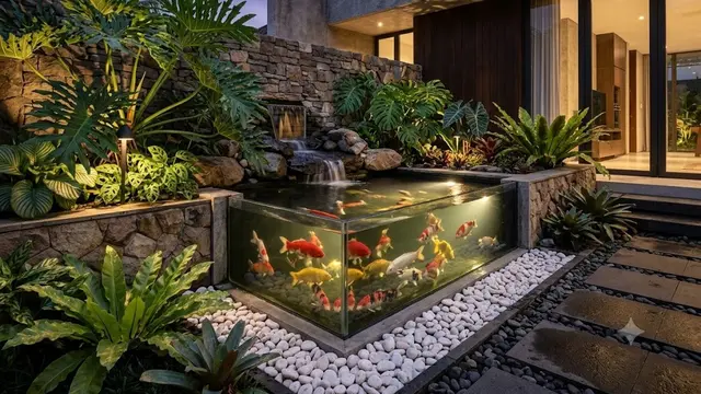 Taman Modern dengan Aquarium Outdoor