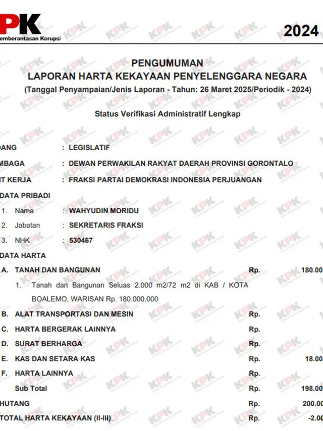 LHKPN Wahyudin Moridu. Foto LHKPN KPK