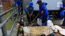 Petugas Sudin Sumber Daya Air (SDA) memunguti sampah-sampah yang tergenang saat banjir di kawasan Kampung Melayu Kecil, Bukit Duri, Jakarta, Selasa (25/2/2020). Banjir tersebut akibat luapan sungai Ciliwung. (merdeka.com/magang/ Muhammad Fayyadh)