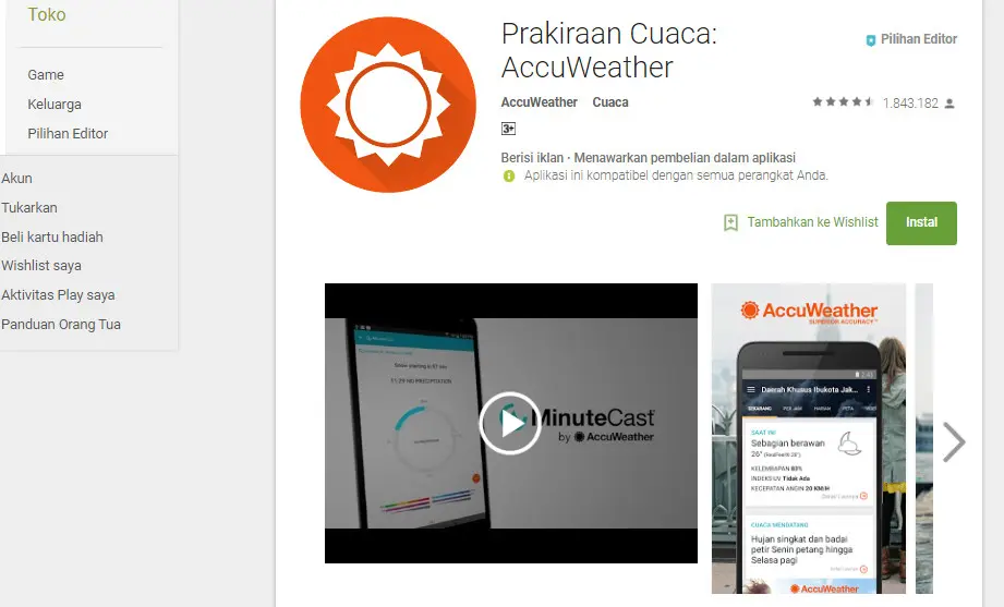 Aplikasi prakiraan cuaca AccuWeather (Sumber: Google Play Store)