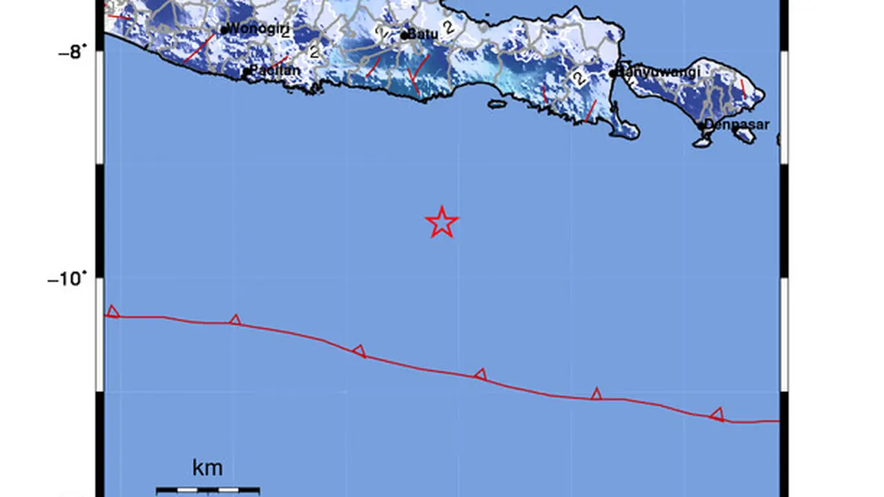 Gempa Magnitudo 5,2 Guncang 156 km Tenggara KAB-MALANG-JATIM - Peta Guncangan BMKG