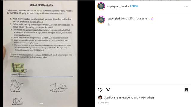 Perjanjian tertulis antara Buluk Superglad dan band Superglad. (Instagram @superglad_band)