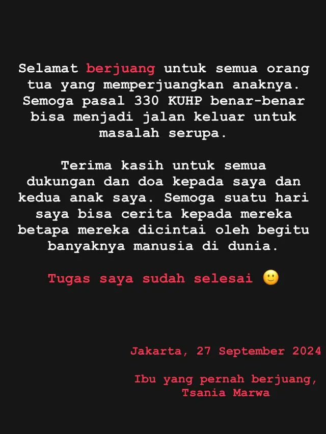 Unggahan Tsania Marwa. (Foto: Dok. Instagram @tsaniamarwa54)