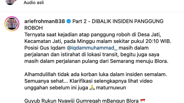 Klarifikasi Bupati Blora terkait tragedi atap panggung pengajian Gus Iqdam roboh. (Foto: Dok. Instagram @ariefrohman838)