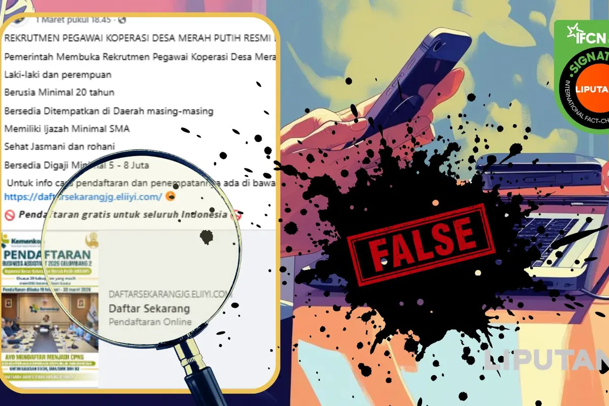 Cek Fakta Liputan6.com menangkap layar klaim link pendaftaran rekrutmen pegawai Koperasi Merah Putih 2026.
